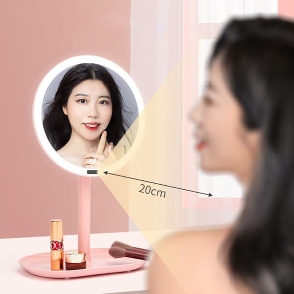 Infrarød sensor LED makeupspejl — berøringsfrit lys til makeup og hudpleje, 360° justerbart med HD sølvspejl og opbevaringsbase (pink)