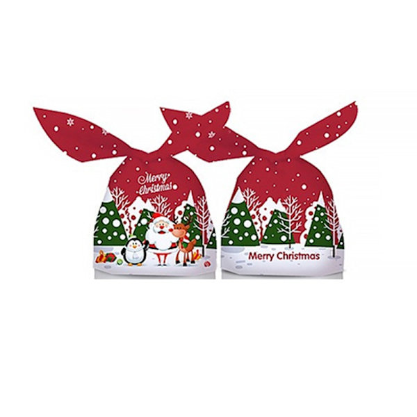 Röda Julgodisväskor med Snömotiv - 50-pack Dragsko Presentpåsar