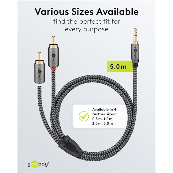 Lydadapterkabel AUX, 3,5 mm jack til stereo RCA-stik, 5 m