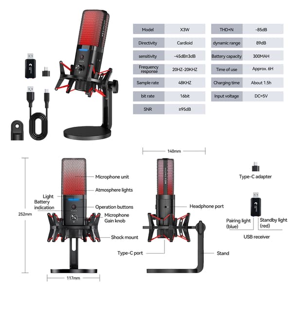 Dual Mode Trådløs Kablet Gaming RGB Mikrofon