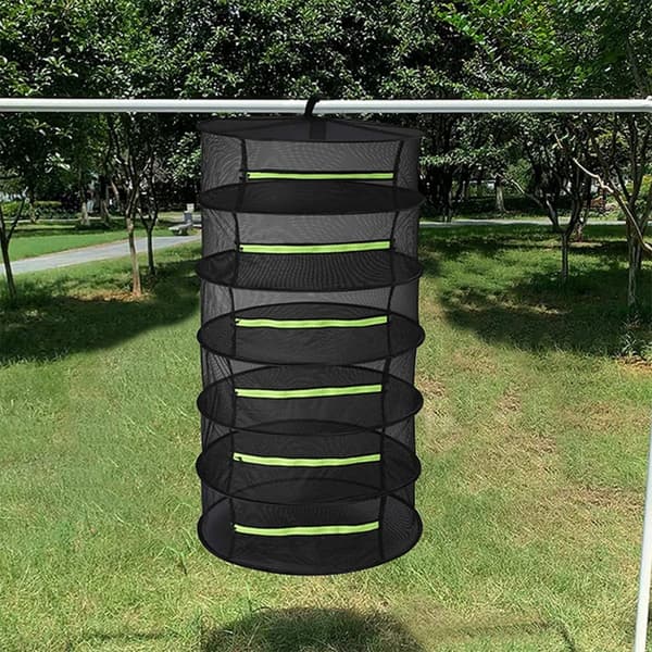 6-lags foldbart tørrestativ til urter 60cm diameter - rundt net til køkken, balkon og frugt, rustfrit stål, polyester, inkl. saks, krog, handsker