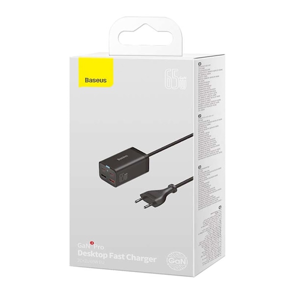 Snabbladdare Baseus GaN3 Pro, 2x USB-C, 2x USB, 65W (svart)