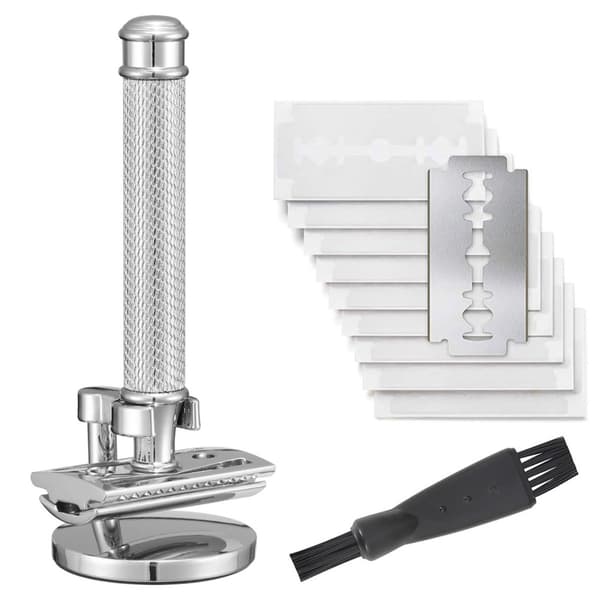 Manuell Vatten Ripple Säkerhetshyvel i Koppar med Ställ och 10 Blad Set Silver Silver