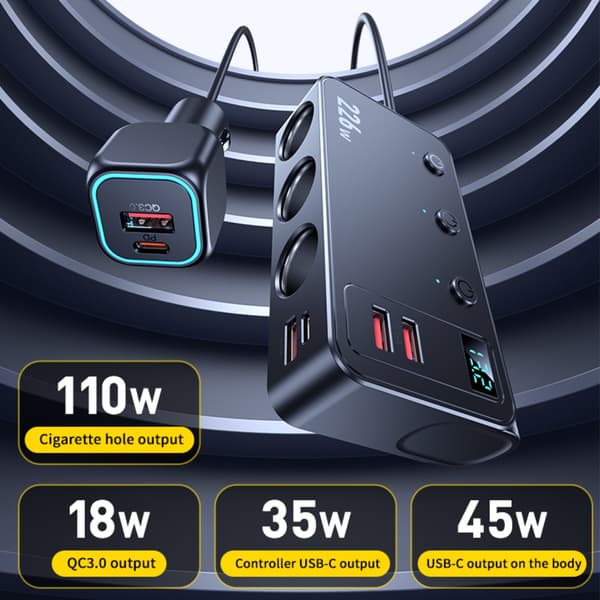 3-vejs cigarettænder biloplader med dual USB og Type-C PD45W, QC3.0, 194w total, 12-24v input og digital voltmeter