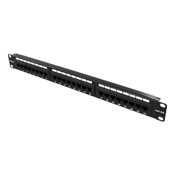 19" patch panel, 24xRJ45, Cat6a, UTP, 10Gbps, black Svart