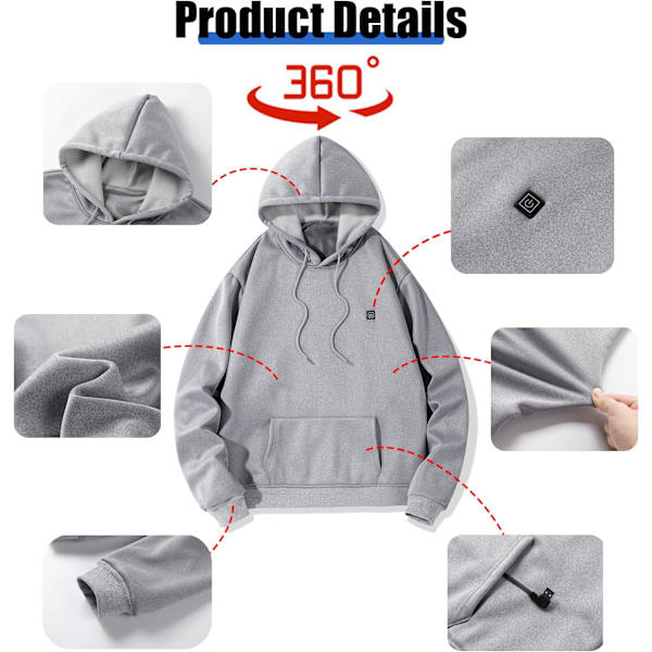 Uppvärmd huvtröja med 5 Värmezoner Grå 3XL