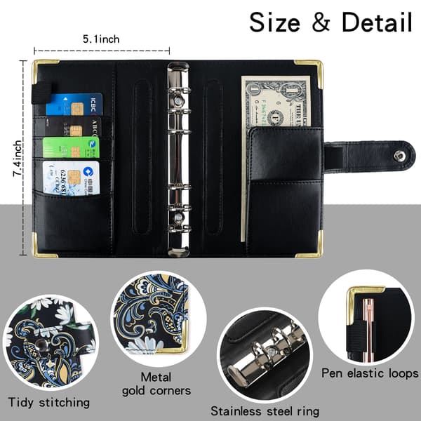 Daisy Black A6 PU Læder Budget Binder med Tilbehør