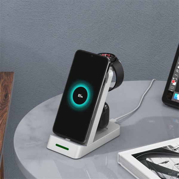 INF 3-i-1 trådløs oplader til telefon, Samsung smartwatch, høretelefoner Hvid