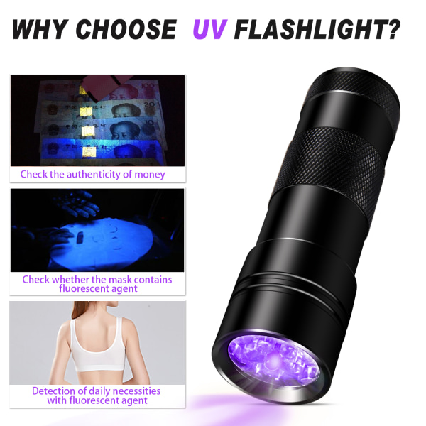 INF UV lommelygte med 12 LED'er 395 nm Sort