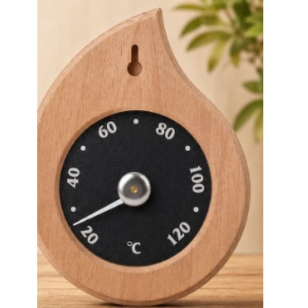 Bastutermometer väggmonterad analog högtemperaturmätare för bastu, ångbastu och svettstugor, droppformad träkonstruktion, tydlig skala, ej vattentät