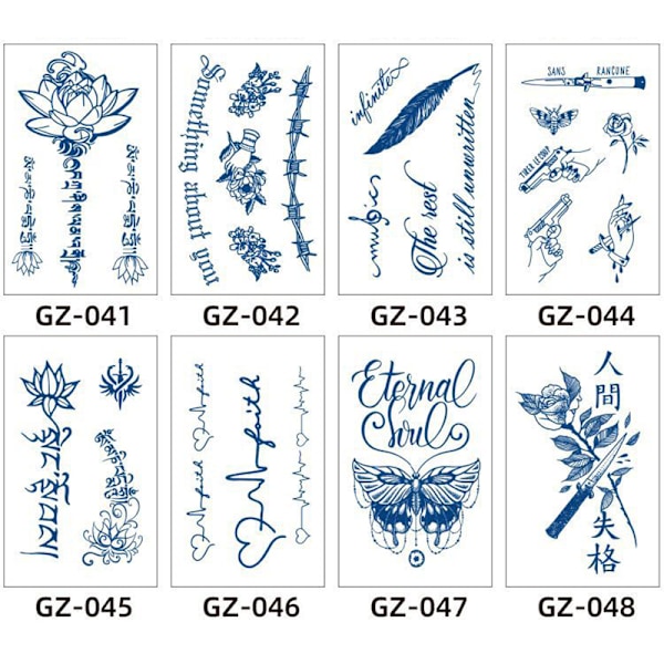 Tillfällig tatueringsdekal, blå blommig design 1