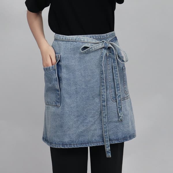 Denim halvt förkläde - kort midjeförkläde för baristor, bagare och konstnärer, fläckresistent och lättskött Blue Blue