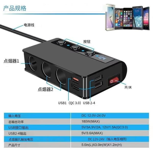 180W Biloplader med Digital Display Black Black