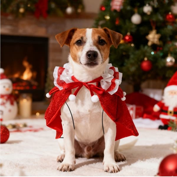 Festlig Julekæledyrskostume: Rød Polyester Kappe og Hat Sæt til Små Hunde og Katte