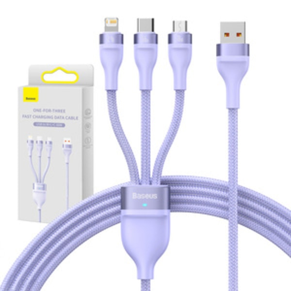 3-i-1 USB-kabel Baseus Flash II Series, USB-C + micro USB + Lightning, 66W, 1,2m (lilla)
