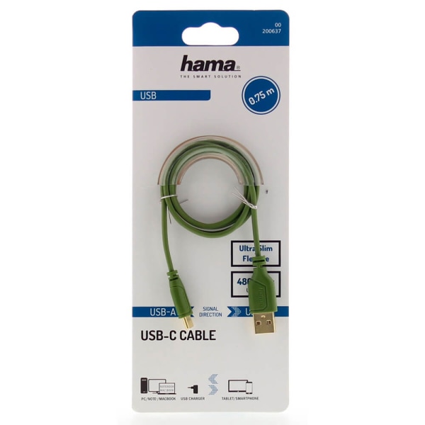 HAMA Kabel USB-C Flexi-Slim USB-A-USB-C Guld Grön 0,75m