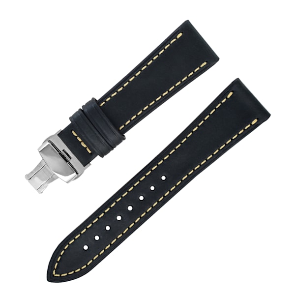 Klockarmband i äkta läder med dubbla fjärilsspänne - 20MM Svart