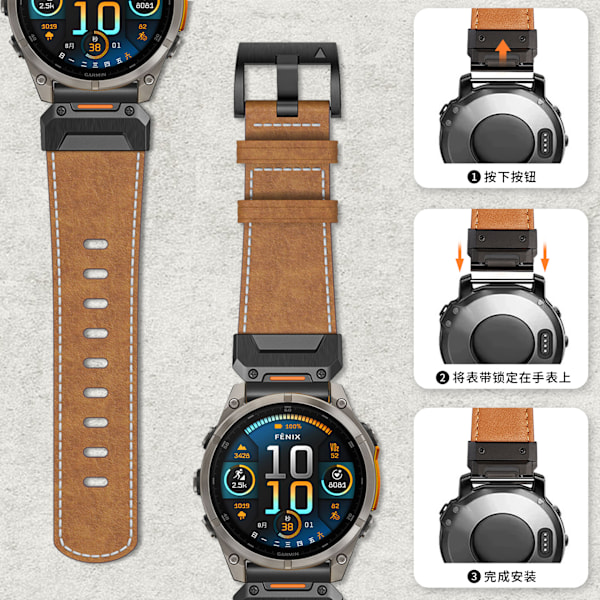 Ægte læderurrem til Garmin Fenix 8/7X/7/6/5/965 Grå 26 mm