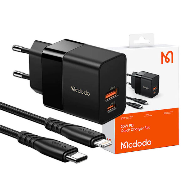 Väggladdare Mcdodo CH-1952 USB + USB-C, 20W + USB-C till Lightning-kabel (svart)