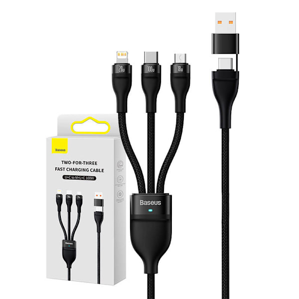 3-i-1 USB-kabel Baseus Flash Series 2, USB-C + micro USB + Lightning, 100W, 1,2m (svart)