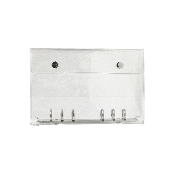 A6 pärmomslag i transparent glitter-PVC med dubbla tryckknappar, innerficka och platt 180° öppning för planeringsböcker