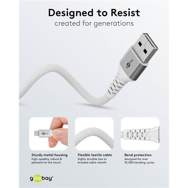 Lightning-USB-A supersoft textilkabel med metallkontakter, 2 m, vit