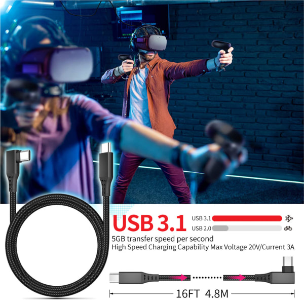 INF USB-C-liitäntäkaapeli Oculus Quest 2 Blackille, 5 metriä