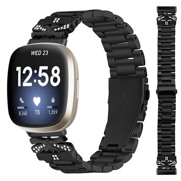 Glittrande fjärilsarmband för Fitbit Versa 3/4 med tre strass Svart