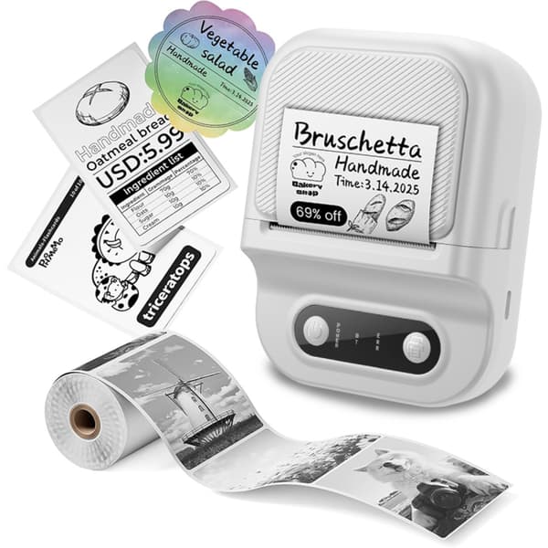 Termisk etiketprinter med Bluetooth, 203dpi, Type-C, app og etiketter til hjem, kontor og arbejdsplads White White