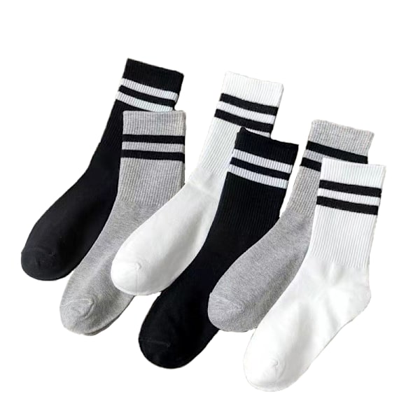 5 par pakke mid-calf sokker - sort, hvid, grå med striber - blandet