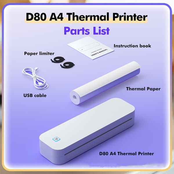 Bærbar A4 termisk printer D80 med blækfri A4-udskrift, Bluetooth, batteridrevet 5V/2A, kompatibel med iOS Android Windows MacOS White White