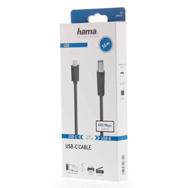 HAMA Kabel USB-C till USB-B 480 Mbps 1,5m Svart