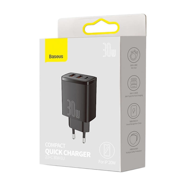 Laddare Baseus kompakt snabbladdare, 2xUSB, USB-C, PD, 3A, 30W (czarna)
