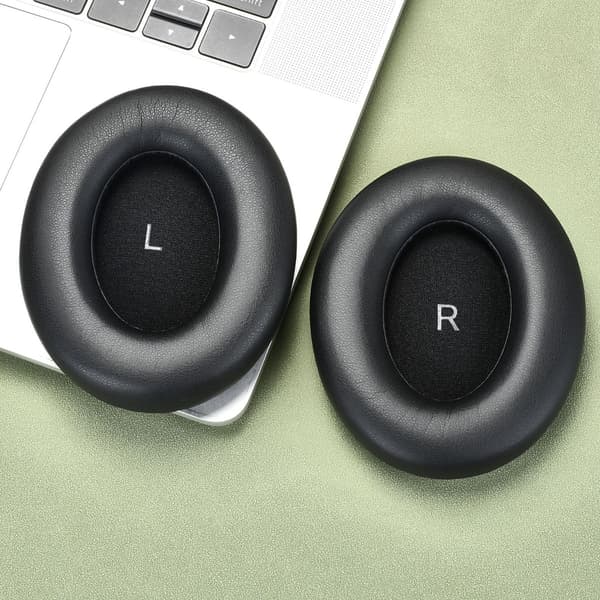 2-pak erstatningsørepolstring i proteinlæder, sort — memory foam over-ear puder kompatibel med Sennheiser Momentum 4