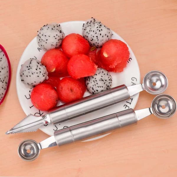 Skulpteringskniv och fruktskopa i rostfritt stål med dubbeländad design för fruktskärning och melonbollar
