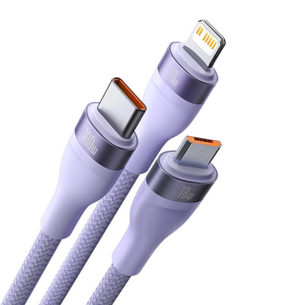 3-i-1 USB-kabel Baseus Flash Series 2, USB-C + micro USB + Lightning, 100W, 1,2m (lila)