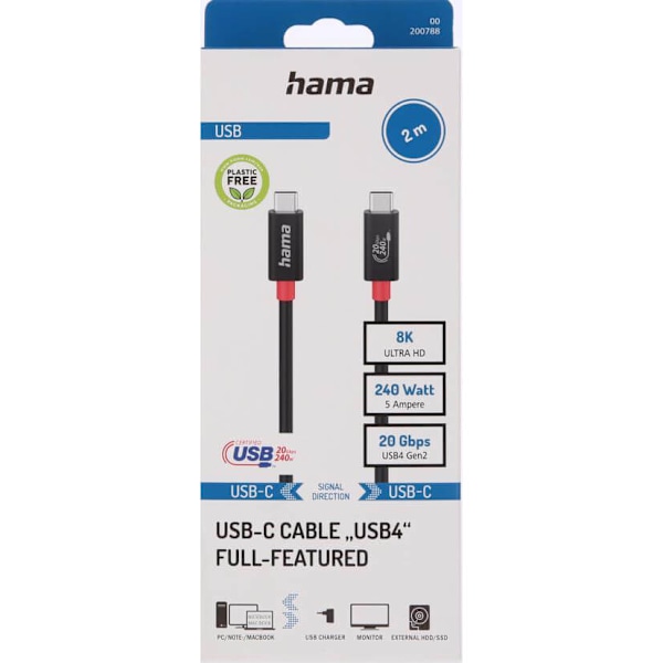 Kabel USB-C USB 4.0 Gen2 20 Gbit/s 240W 2.0m Svart