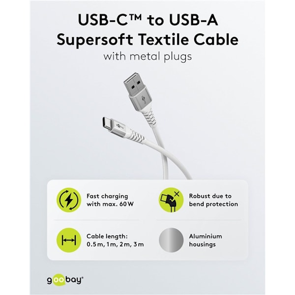 USB-C™ til USB-A superblødt tekstilkabel med metalstik, 1 m, hvid