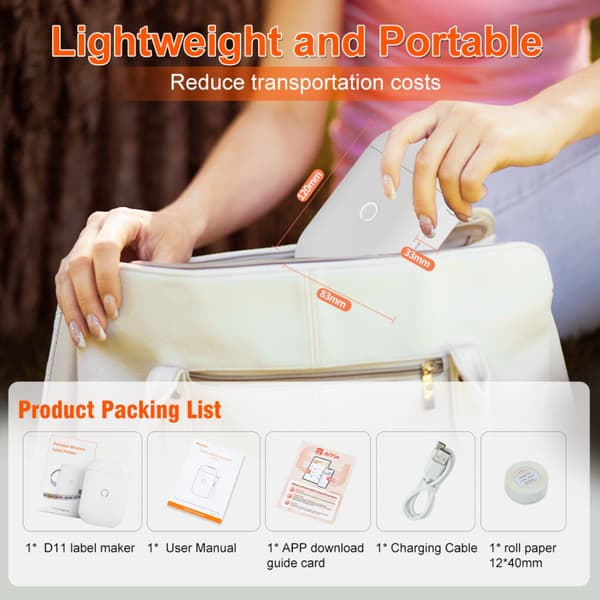 Mini Bluetooth termisk etiketprinter D11 – bærbar blækfri labelprinter 203DPI med indbygget 1500mAh batteri White White
