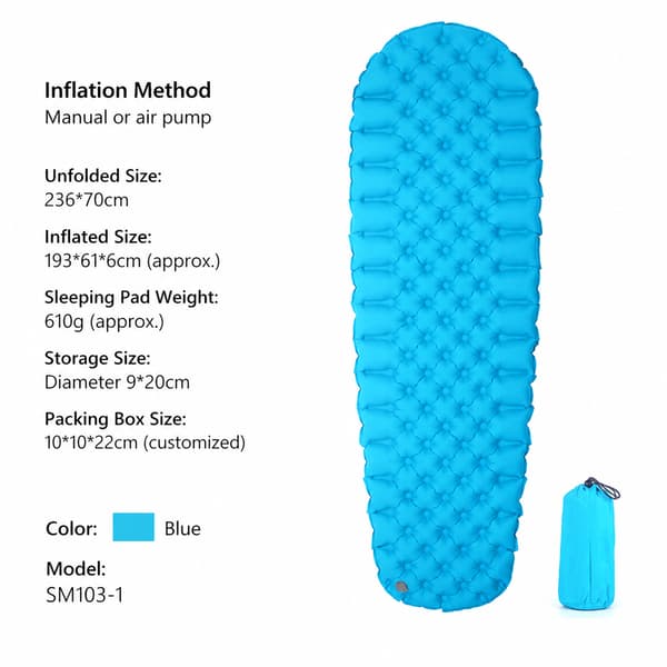 Uppblåsbart campingunderlag i nylon TPU, 193 x 56 x 7 cm Blue Blue