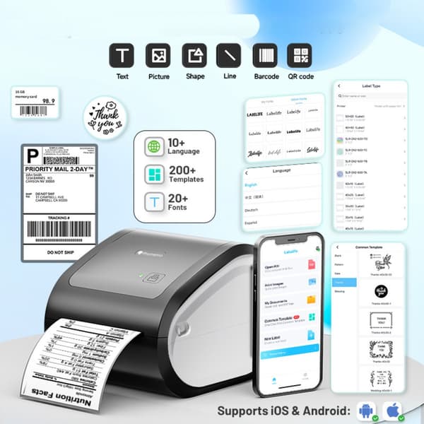 Bluetooth termisk etikettsskrivare 203 DPI, 150mm/s snabb utskrift, trådlös Bluetooth/USB/Ethernet, flera färger, kompatibel med iOS Android Windows M Black&White
