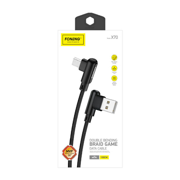 Foneng X70 Vinklad USB till Micro USB-kabel, 3A, 1m (svart)