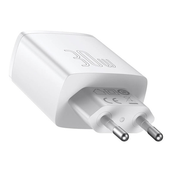 Ładowarka sieciowa Baseus kompakt snabbladdare, 2xUSB, USB-C, PD, 3A, 30W (biła)