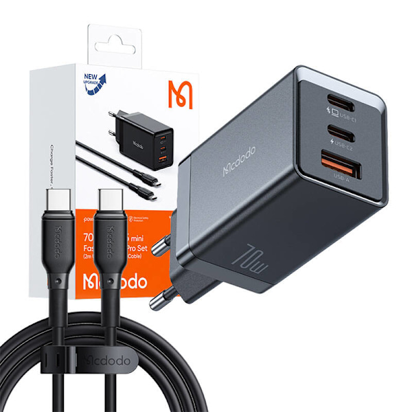 GaN Mcdodo CH-1543 nätverksladdare, 2x USB-C, 1x USB, 67W + USB-C till USB-C 2m kabel (svart)
