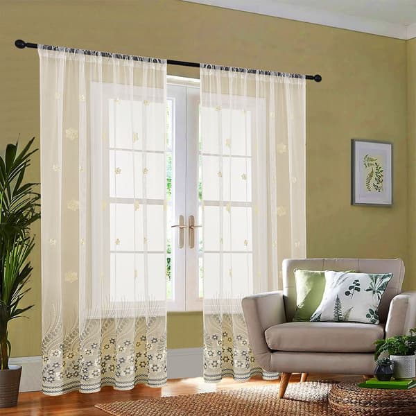Grå Broderad Blommig Skir Gardin - Stångficka Voile Panel för Vardagsrum, Sovrum M M