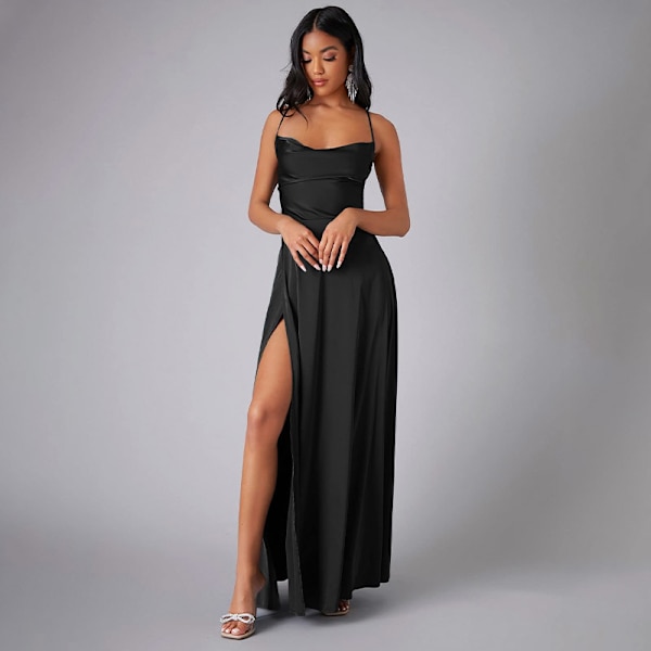 Elegant Sort Maxi-Kjole med Åben Ryg XL