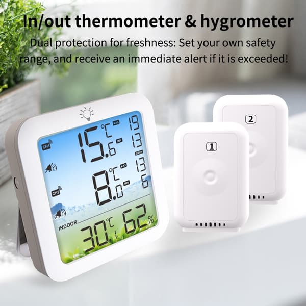 Trådløst køleskabstermometer med dobbelt sensor, 100m rækkevidde, min/maks registrering og alarmfunktion