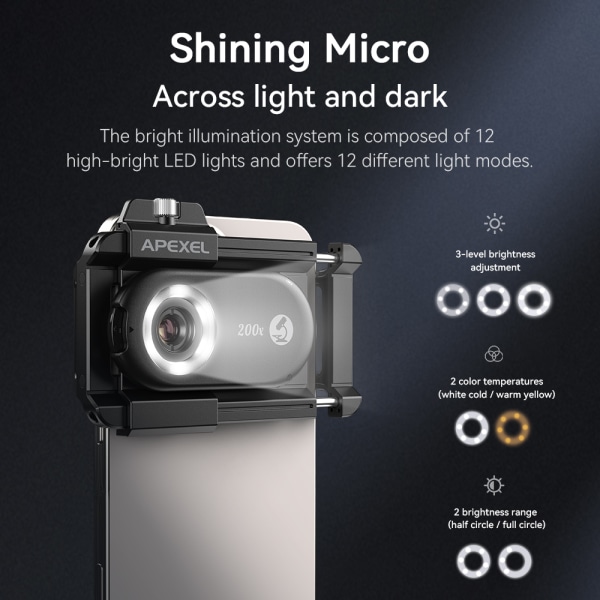3-in-1 Kiinnitettävä puhelimen mikroskoopin linssi LED-valolla