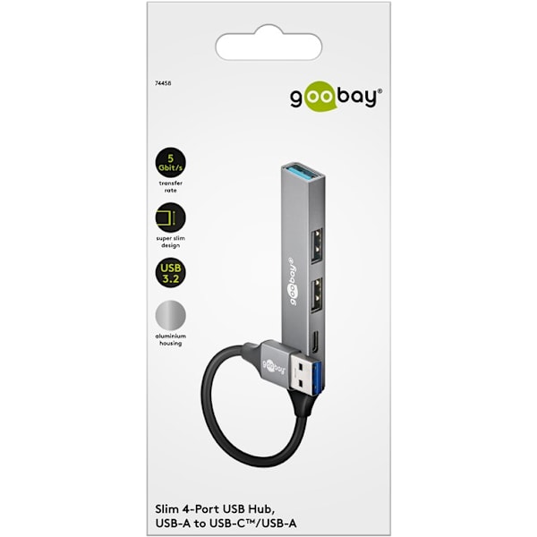 Slim 4-ports USB-hub, USB-A til USB-C™/USB-A, 5 Gbit/s