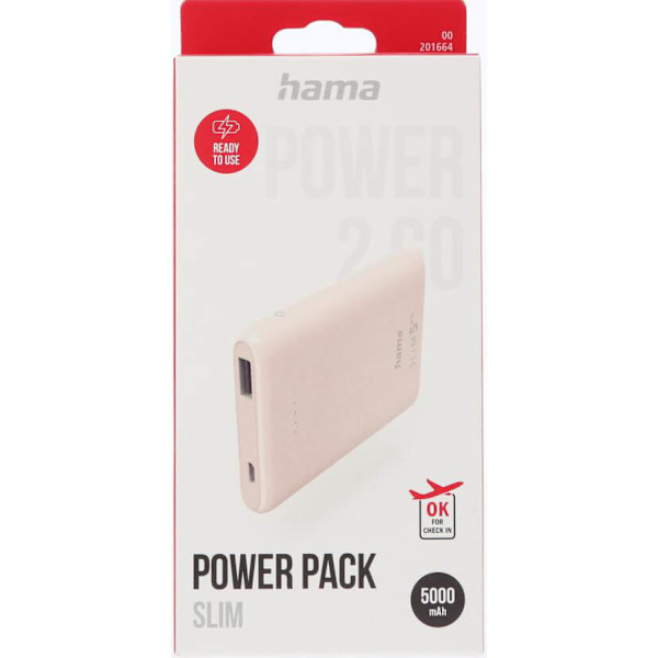 Powerbank Slim 5000 mAh Ljusrosa